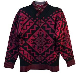 EUC Ossi Skiwear 100% Wool Geometric Pattern Sweater Black Pink, Small